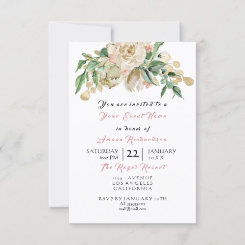 Mint Rose Champaigne Gold Floral Watercolor Branch Invitation
