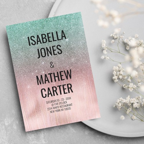 Mint rose gold brushstrokes ombre glitter wedding invitation