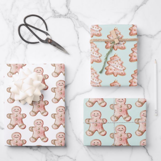 Mint Rose Gold Gingerbread Cookie Christmas Trees Wrapping Paper Sheets (Front)