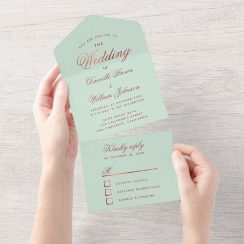 Mint Rose Gold Wedding Elegant Calligraphy RSVP All In One Invitation