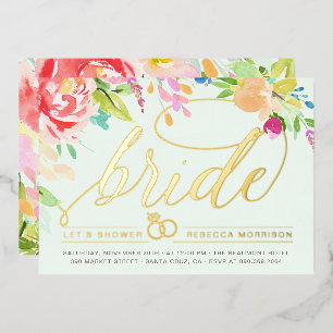 Mint   Roses & Gold Diamond Ring Bridal Shower Foil Invitation