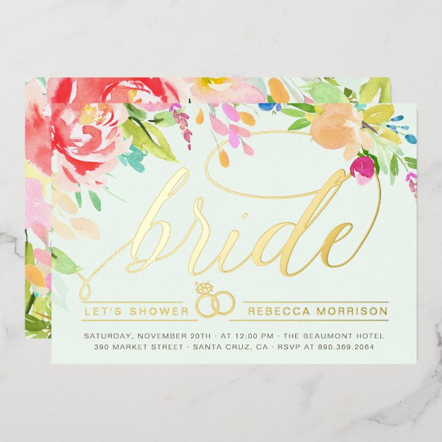 Mint | Roses & Gold Diamond Ring Bridal Shower Foil Invitation (Front/Back)
