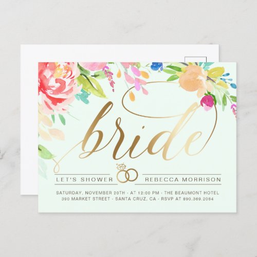 Mint  Roses  Gold Diamond Ring Bridal Shower Invitation Postcard
