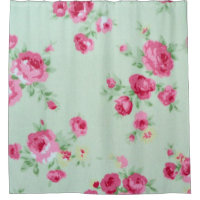 Vintage Shabby Chic Pink and Mint Large Rose Shower Curtain