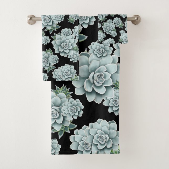 Mint Rosette Succulents Repeat Print on Black Bath Towel Set (Insitu)