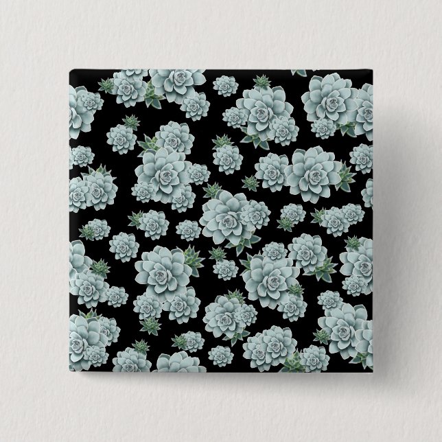 Mint Rosette Succulents Repeat Print on Black Button (Front)
