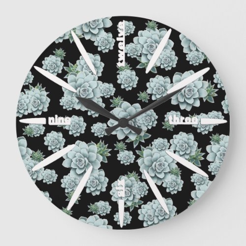 Mint Rosette Succulents Repeat Print on Black Large Clock