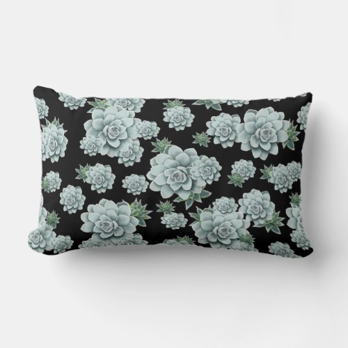 Mint Rosette Succulents Repeat Print on Black Lumbar Pillow