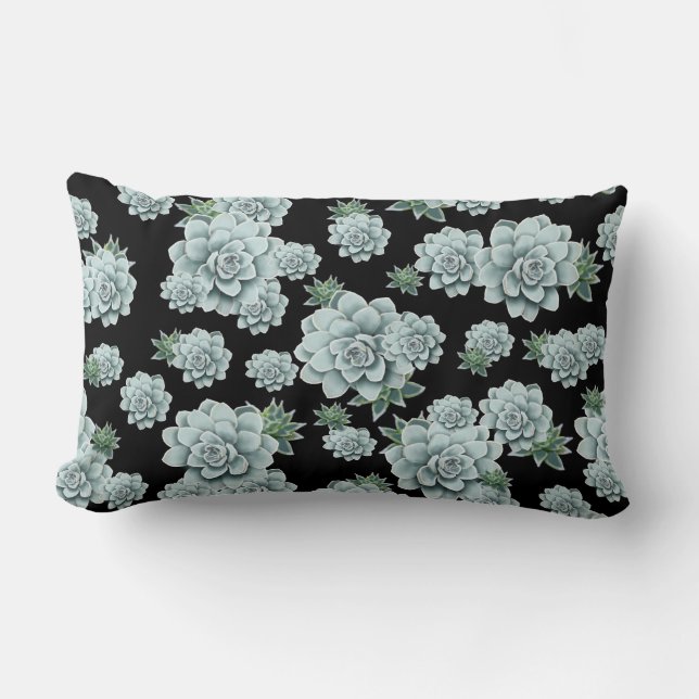 Mint Rosette Succulents Repeat Print on Black Lumbar Pillow (Front)