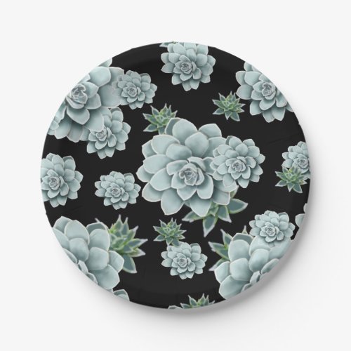 Mint Rosette Succulents Repeat Print on Black Mess Paper Plates