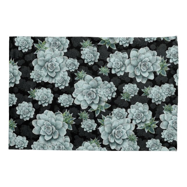 Mint Rosette Succulents Repeat Print on Black Pillow Case (Back)