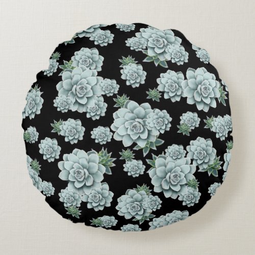 Mint Rosette Succulents Repeat Print on Black Round Pillow