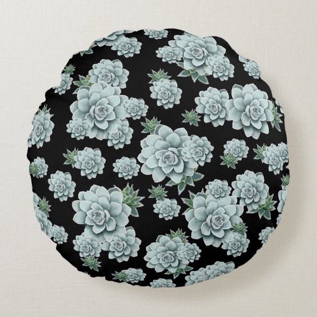 Mint Rosette Succulents Repeat Print on Black Round Pillow (Front)
