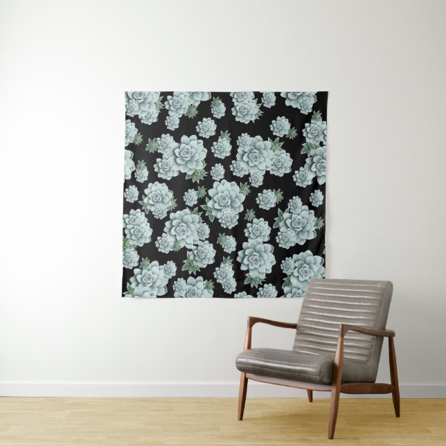 Mint Rosette Succulents Repeat Print on Black Tapestry (In Situ (Horizontal))
