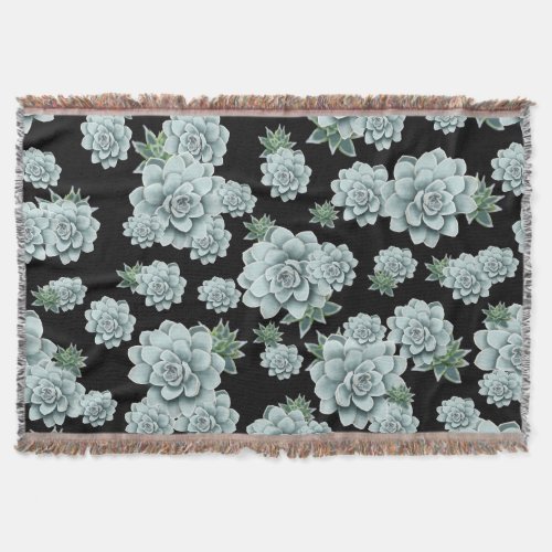 Mint Rosette Succulents Repeat Print on Black Throw Blanket