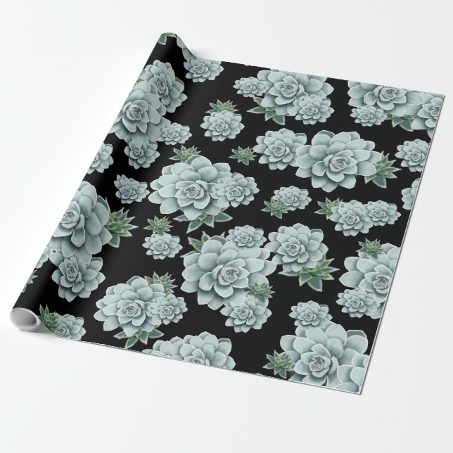 Mint Rosette Succulents Repeat Print on Black Wrapping Paper (Unrolled)
