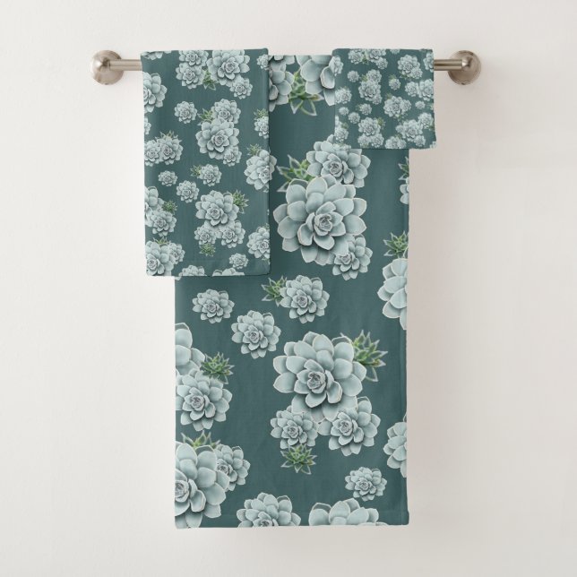 Mint Rosette Succulents Repeat Print on Pine Green Bath Towel Set (Insitu)