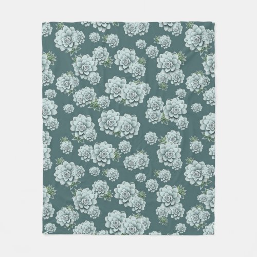 Mint Rosette Succulents Repeat Print on Pine Green Fleece Blanket