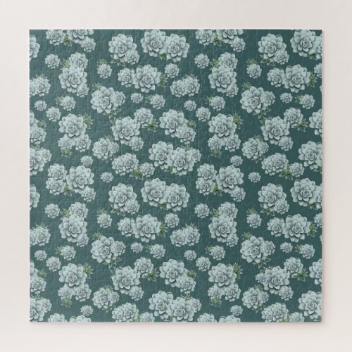 Mint Rosette Succulents Repeat Print on Pine Green Jigsaw Puzzle