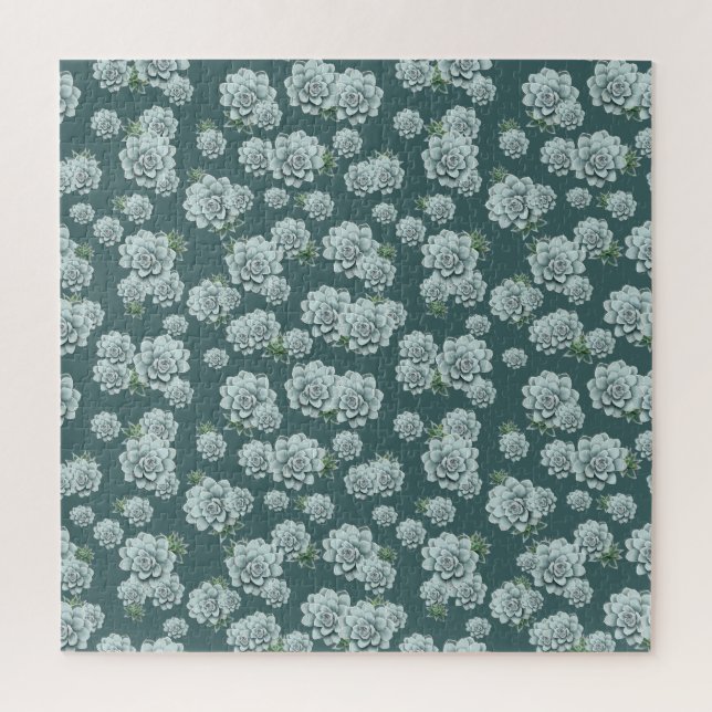 Mint Rosette Succulents Repeat Print on Pine Green Jigsaw Puzzle (Vertical)