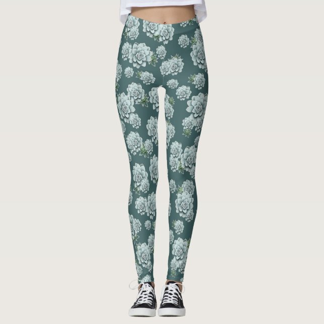 Mint Rosette Succulents Repeat Print on Pine Green Leggings (Front)