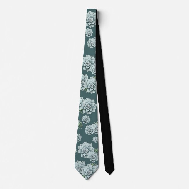 Mint Rosette Succulents Repeat Print on Pine Green Neck Tie (Front)