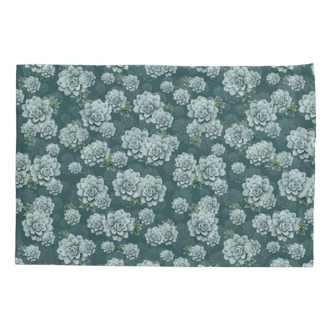 Mint Rosette Succulents Repeat Print on Pine Green Pillow Case (Back)