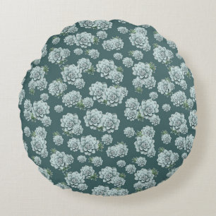Mint Rosette Succulents Repeat Print on Pine Green Round Pillow