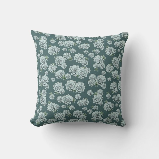 Mint Rosette Succulents Repeat Print on Pine Green Throw Pillow (Front)