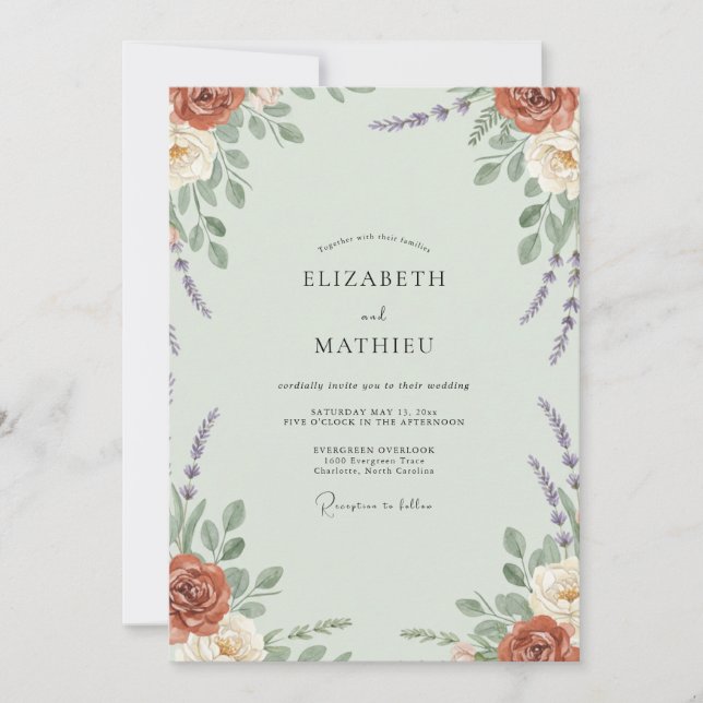 Mint Rust Peony Wedding Invitation (Front)