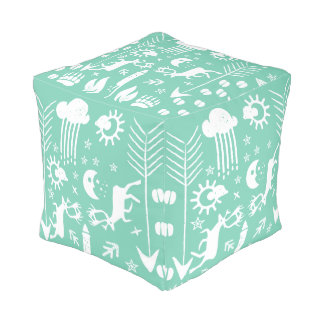 Mint Rustic Bear Fox Deer Vintage Modern Pattern Pouf