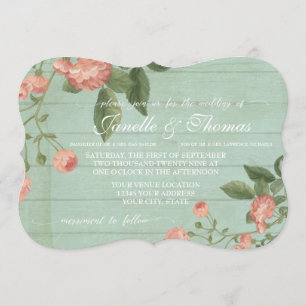Mint Rustic Elegant Wood Pretty Peach Blush Roses Invitation