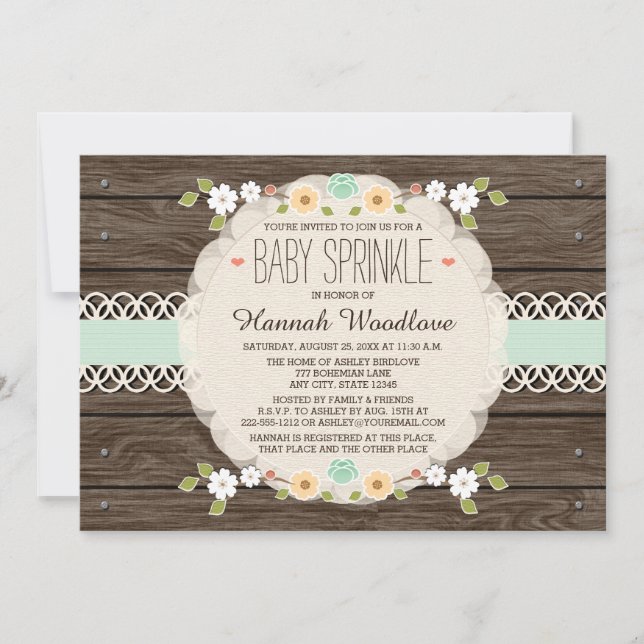 MINT RUSTIC FLORAL BOHO BABY SPRINKLE INVITATION (Front)