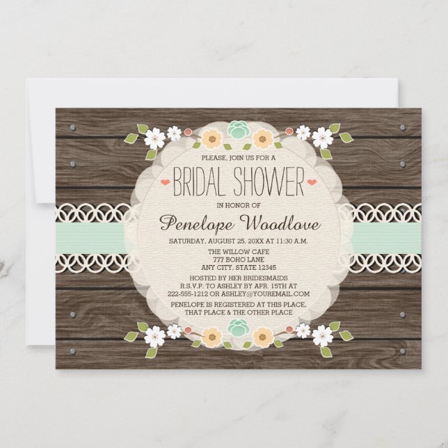 MINT RUSTIC FLORAL BOHO BRIDAL SHOWER INVITATIONS (Front)
