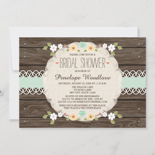 MINT RUSTIC FLORAL BOHO BRIDAL SHOWER INVITATIONS