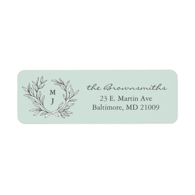 Mint Rustic Monogram Wreath Return Address Label (Front)