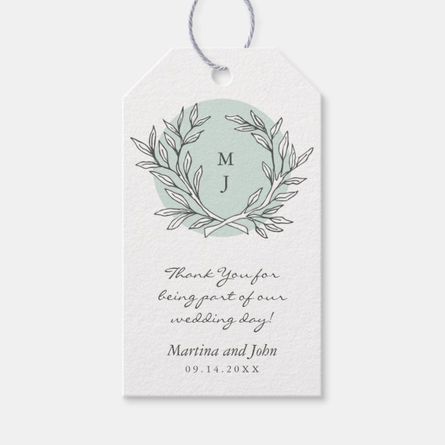 Mint Rustic Monogram Wreath Wedding Favor Tag (Front)