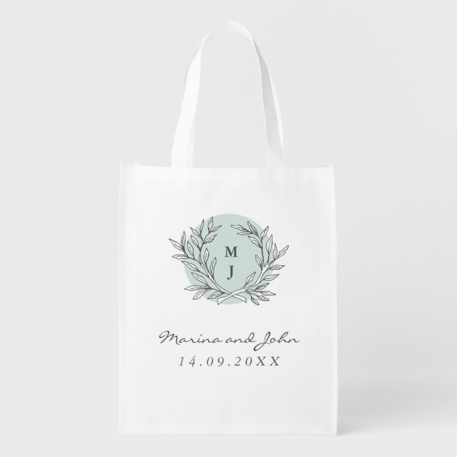 Mint Rustic Monogram Wreath Wedding Thank You Bag (Front)