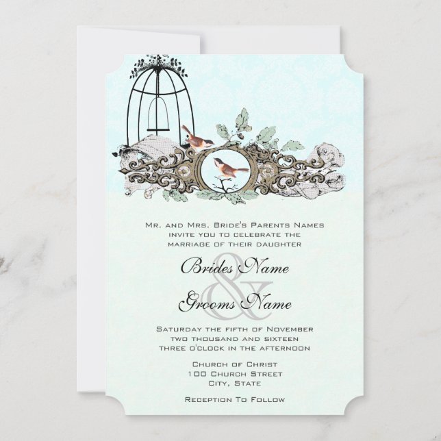Mint Rustic Romantic Love Bird Birdcage Oak Tree Invitation (Back)