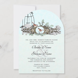 Mint Rustic Romantic Love Bird Birdcage Oak Tree Invitation