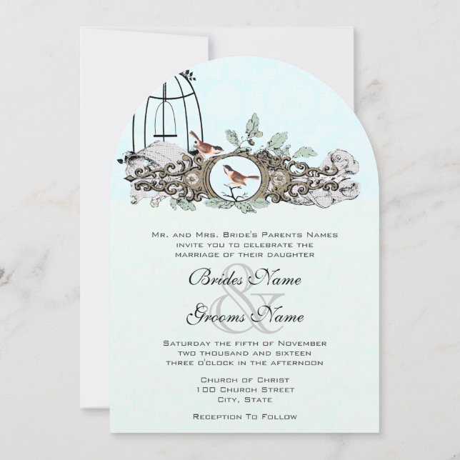 Mint Rustic Romantic Love Bird Birdcage Oak Tree Invitation (Back)