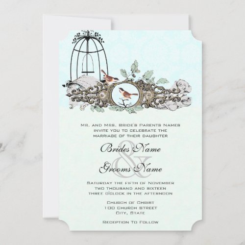 Mint Rustic Romantic Love Bird Birdcage Oak Tree Invitation