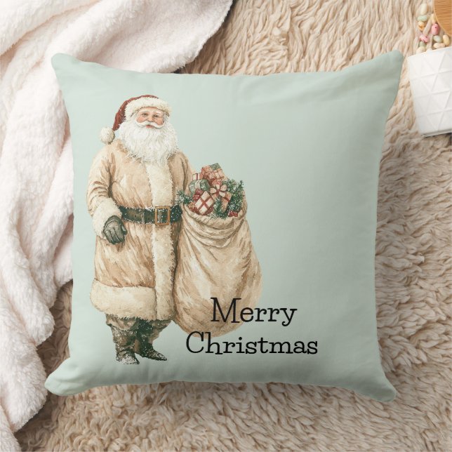 Mint Rustic Santa Christmas Throw Pillow (Blanket)