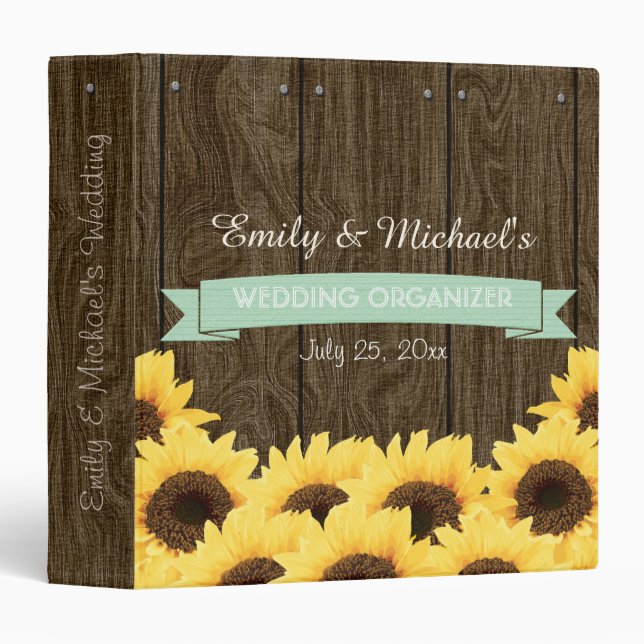MINT RUSTIC SUNFLOWER WEDDING ORGANIZER 3 RING BINDER (Front/Spine)