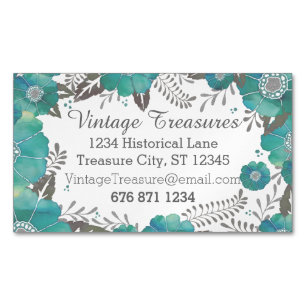 Mint Rustic Watercolor Floral Pattern Magnetic Business Card