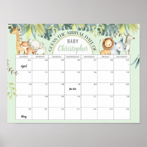  Mint safari cute jungle baby shower calendar game Poster