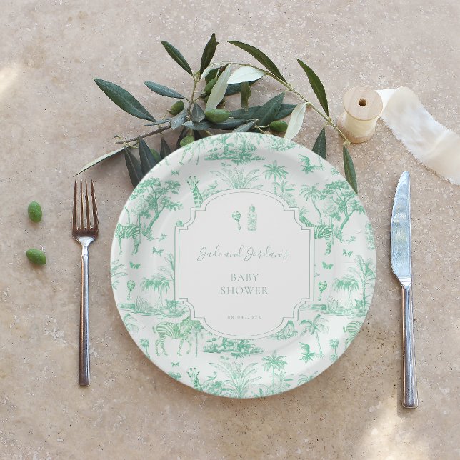 Mint Safari Toile de Jouy | Baby Shower Paper Plates (Creator Uploaded)