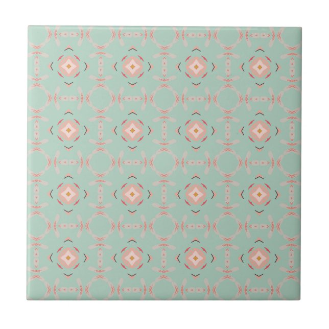 Mint Sage and Peach Modern Floral Seamless Ceramic Tile (Front)