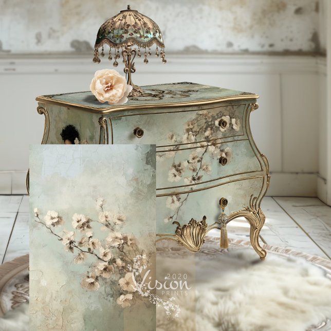 Mint Sage Green Abstract Cherry Blossoms  Tissue Paper (Rustic Charm Mint Sage Green, Abstract Cherry Blossom Branch Decoupage Tissue Paper.)