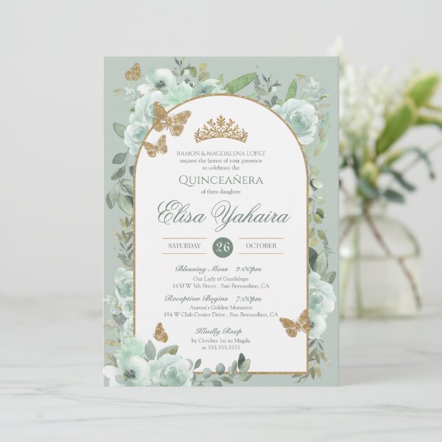Mint Sage Green Watercolor Butterfly Quinceanera Invitation (Standing Front)